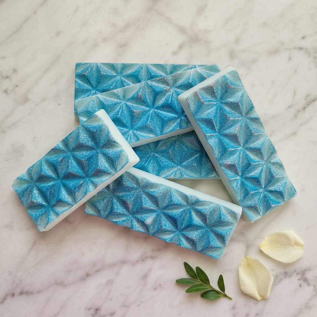 Turquoise blue faceted wax melt bars with white edges arranged on ivory marble with a green sprig and cream petals.
