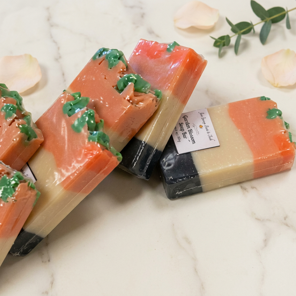 Coral, cream and black Garden Blossom soap bars with green decorations on ivory marble with blush petals and greenery.
