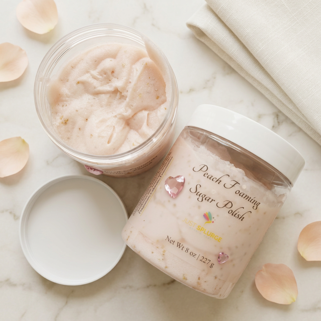 Open and closed jars of peach foaming sugar polish on ivory marble with ivory linen and peach-toned petals.