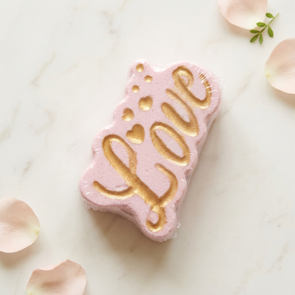 Pink bath bomb with gold Love script and heart details on ivory marble with blush petals and greenery.