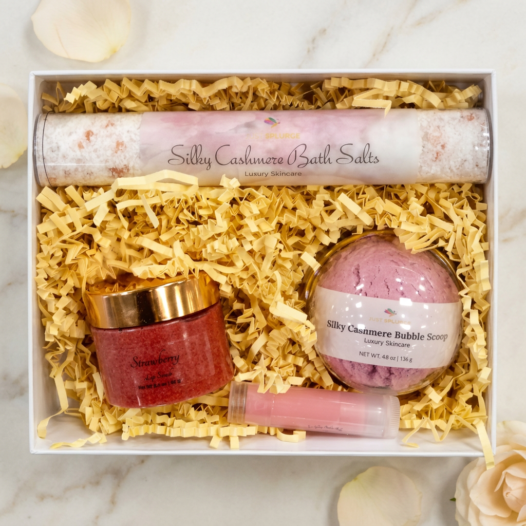White gift box with bath salts, red scrub jar, pink bubble scoop and pink lip balm in gold crinkle paper on ivory marble.