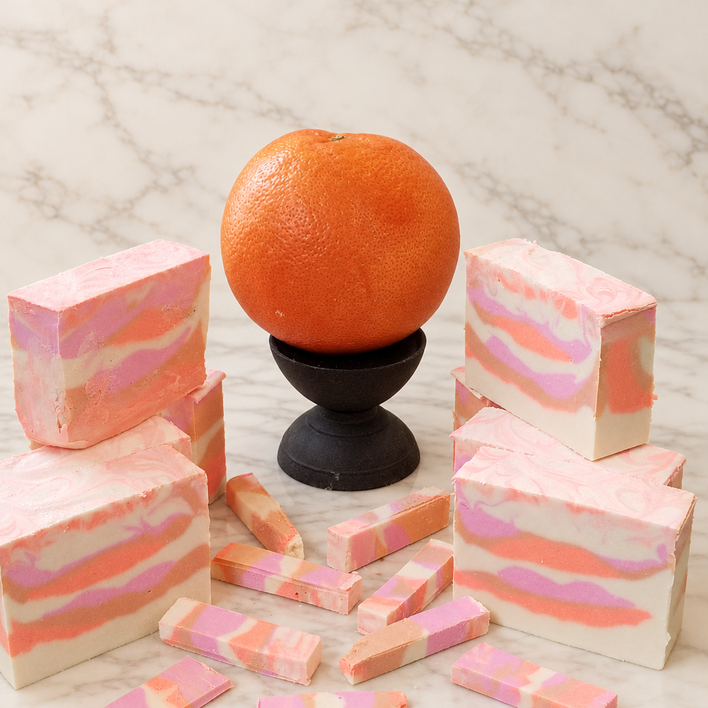 Pink, peach, and cream layered soap bars and offcuts surrounding an orange on a black pedestal, on warm white marble.