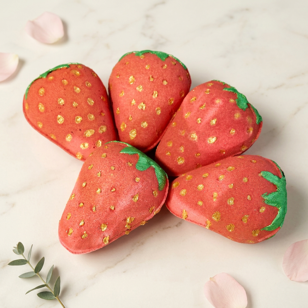 Five coral-red strawberry-shaped bath bombs with gold seed dots and green leaf decorations on ivory marble with blush petals and greenery.
