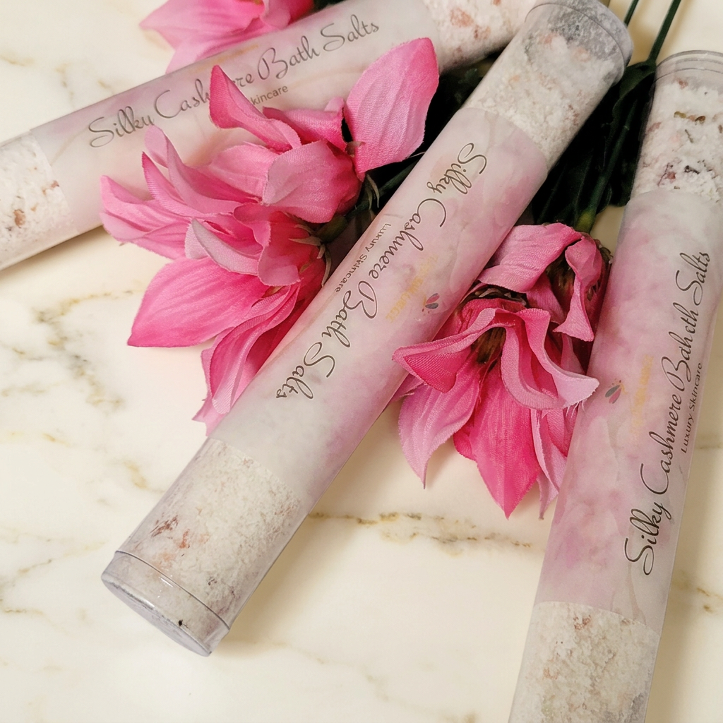Clear tubes of Silky Cashmere Bath Salts with pink labels and pink flowers on warm ivory marble.