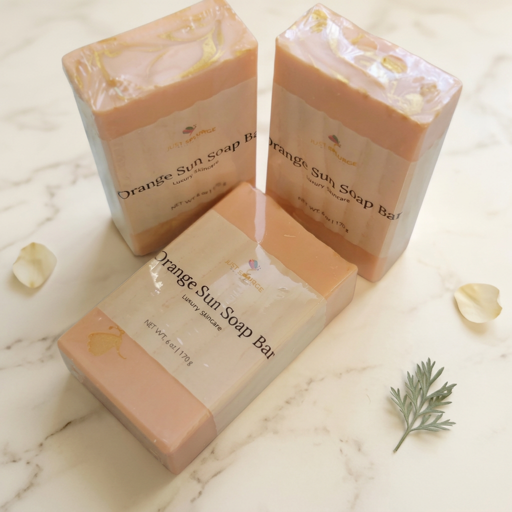 Three wrapped peach-orange Orange Sun Soap Bars on warm ivory marble with cream petals and a muted green sprig.