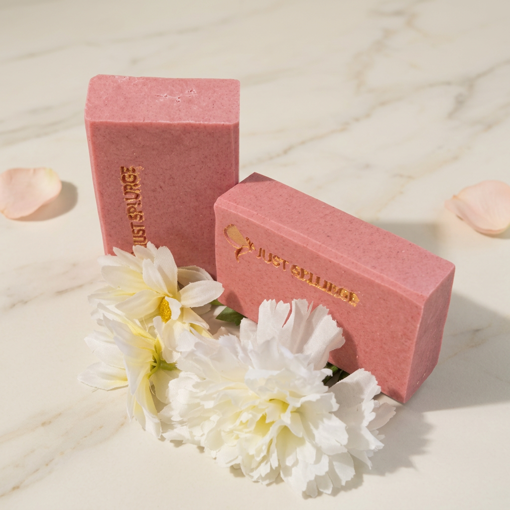 Two pink Strawberry Soap Bars with cream flowers and blush petals on warm ivory marble.