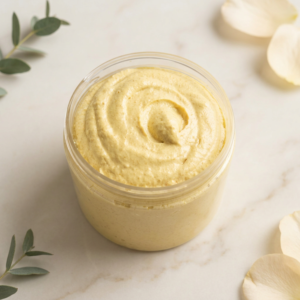 Open clear jar of pale yellow swirled sugar polish on ivory marble with cream petals and muted greenery.