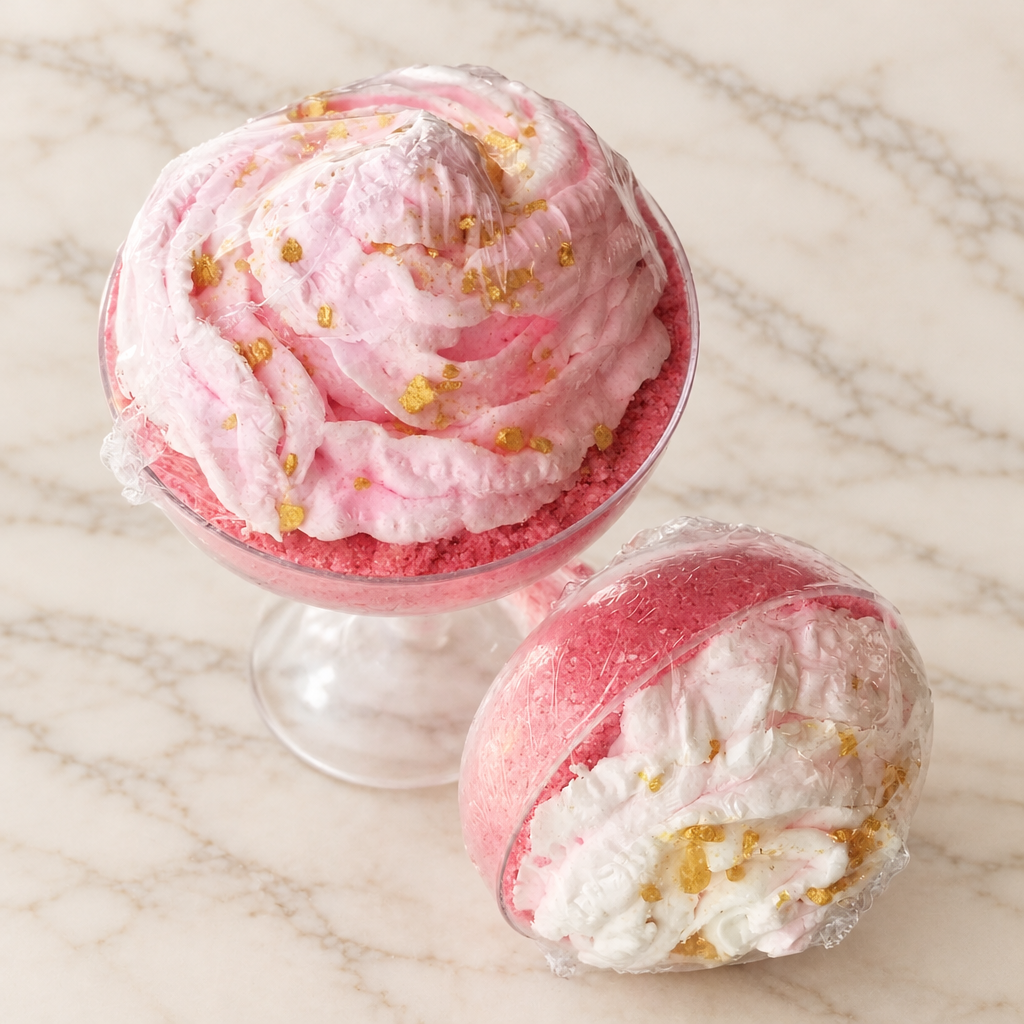 Two wrapped pink bath bombs with pink-and-cream decorative tops and gold accents on warm white marble.