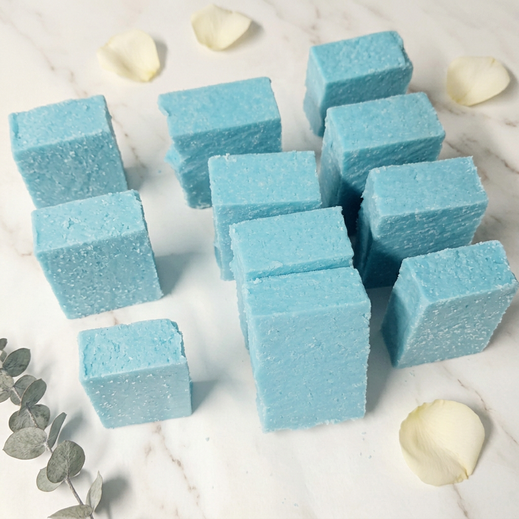 Textured aqua-blue Salty Air soap bars on ivory marble framed by eucalyptus and cream petals.