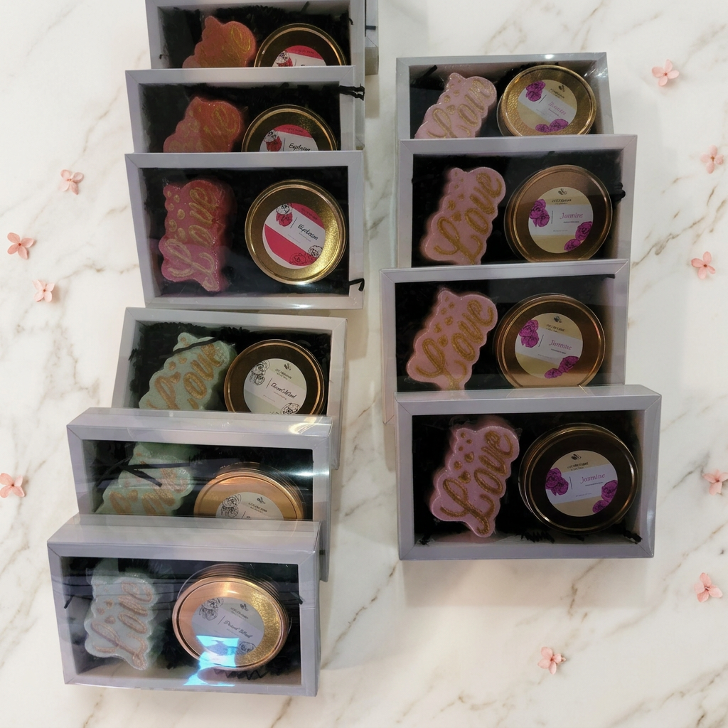 White window gift boxes containing Love-shaped products and gold tins arranged on ivory marble with blush accents.