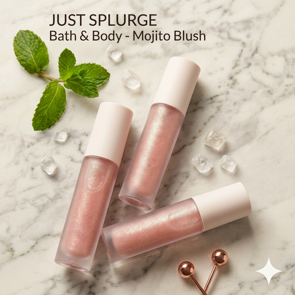 Three shimmery blush-pink Mojito Blush lip gloss tubes with white caps on warm ivory marble with green leaves and clear crystals.