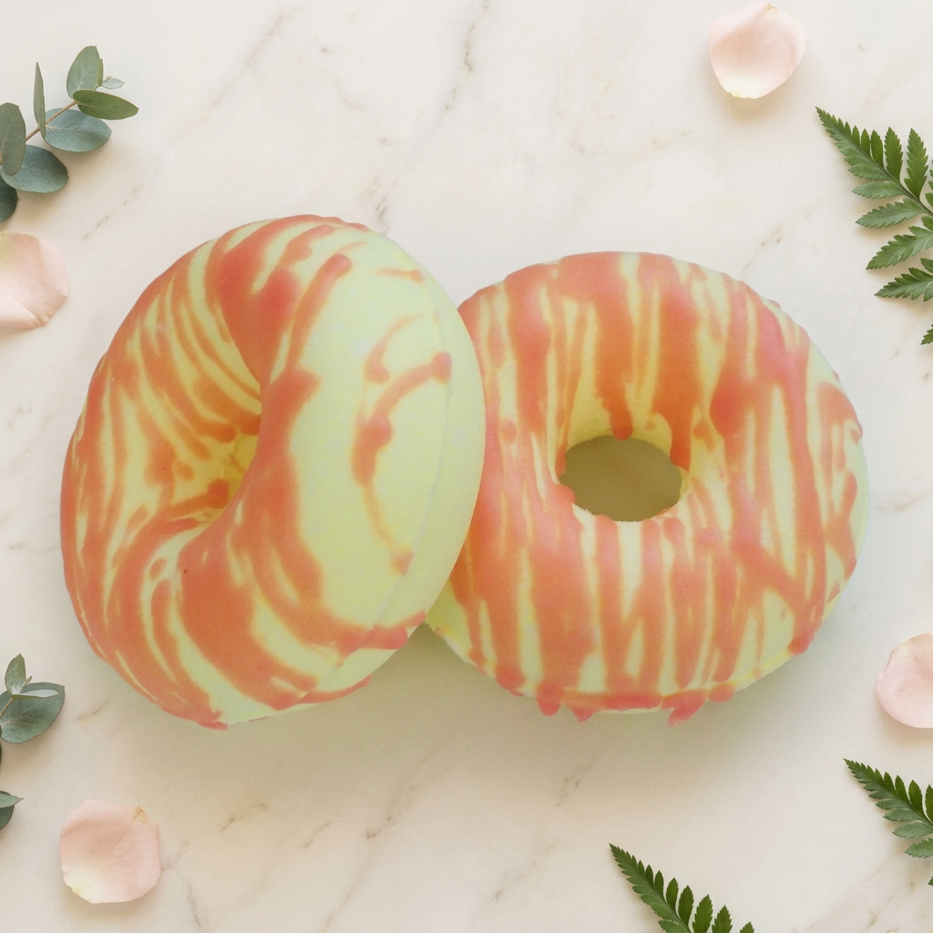 Two cream donut-shaped Calypso bath bombs with coral pink stripes on warm ivory marble framed by blush petals and greenery.