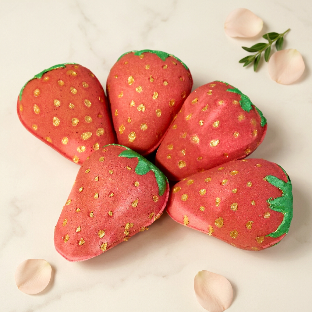 Five red strawberry-shaped bath bombs with gold seeds and green tops on ivory marble with blush petals and greenery.