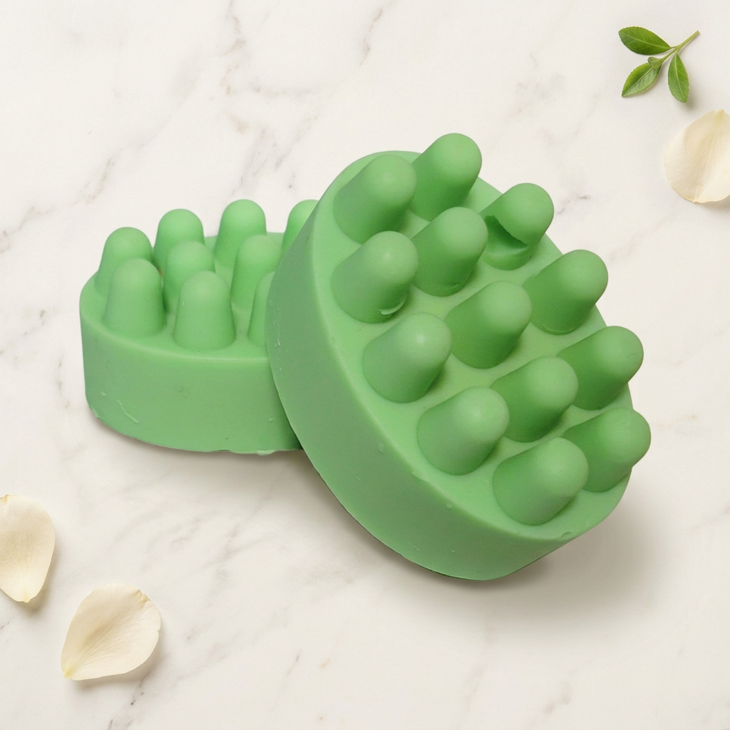 Two green oval massage soap bars with rounded nubs on ivory marble with cream petals and greenery.