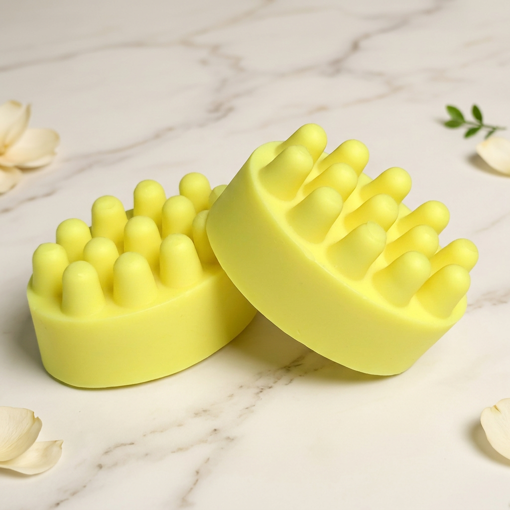 Two yellow oval massage soap bars with rounded nubs on warm ivory marble with cream petals and a small green sprig.