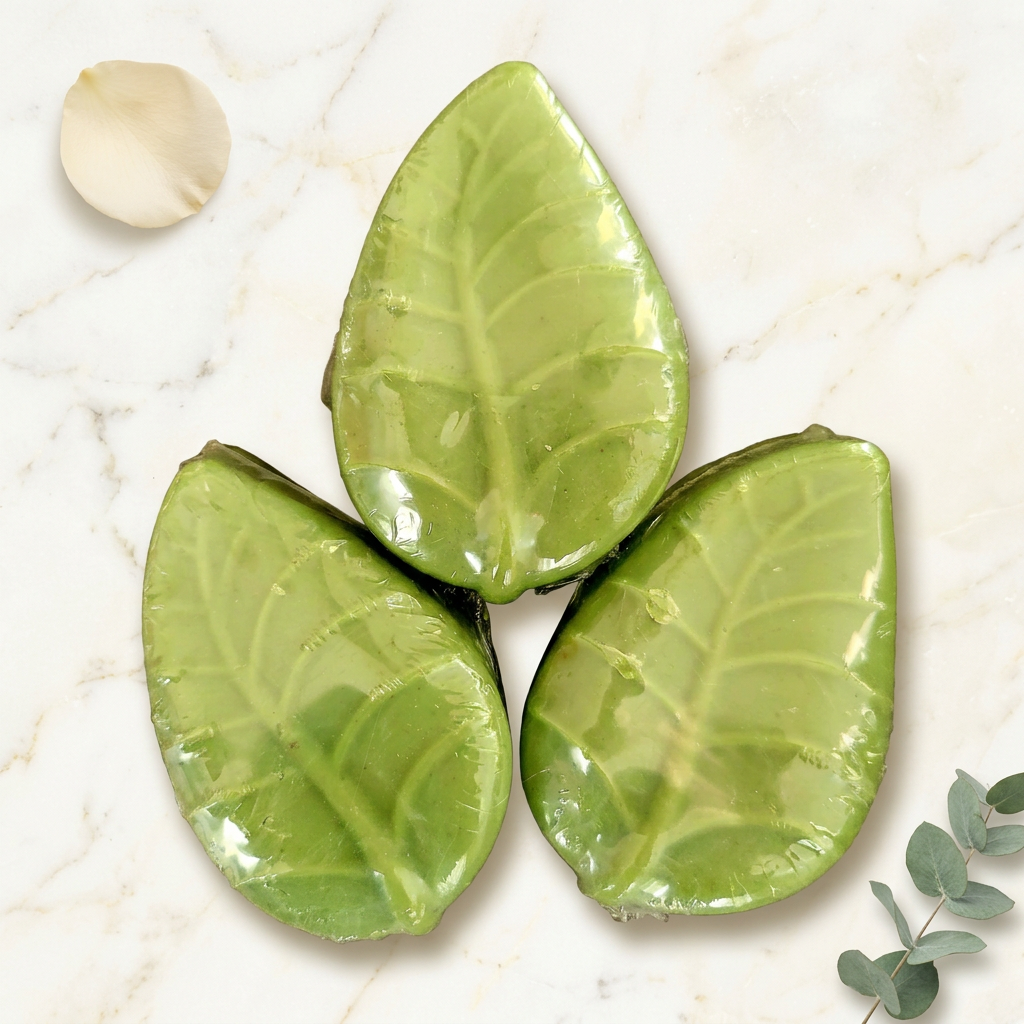 Three wrapped lime-green leaf-shaped soap bars on warm ivory marble with a cream petal and greenery.
