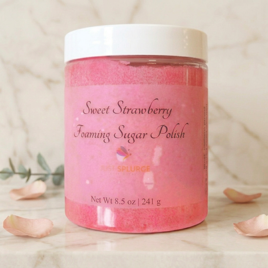 Upright pink Sweet Strawberry Foaming Sugar Polish jar with white lid on warm marble, framed by blush petals and a leafy sprig.