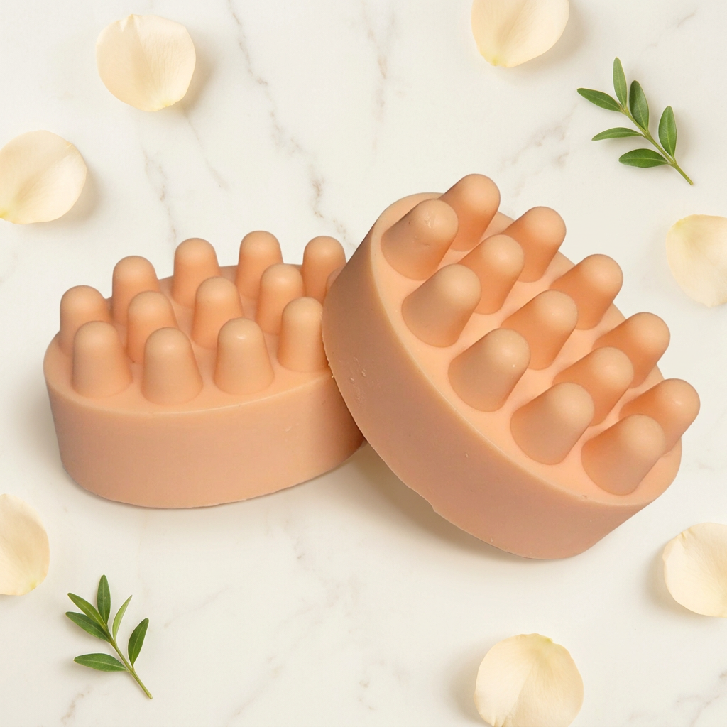 Two peach-orange oval massage soap bars with rounded nubs on ivory marble with cream petals and greenery.
