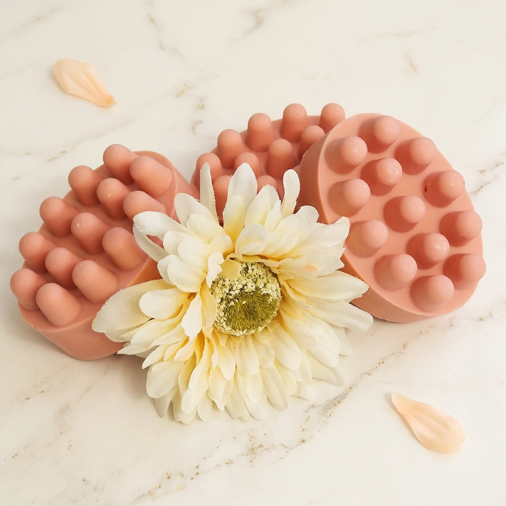 Three peach-pink oval massage bars with rounded knobs, styled with a cream flower and peach petals on ivory marble.