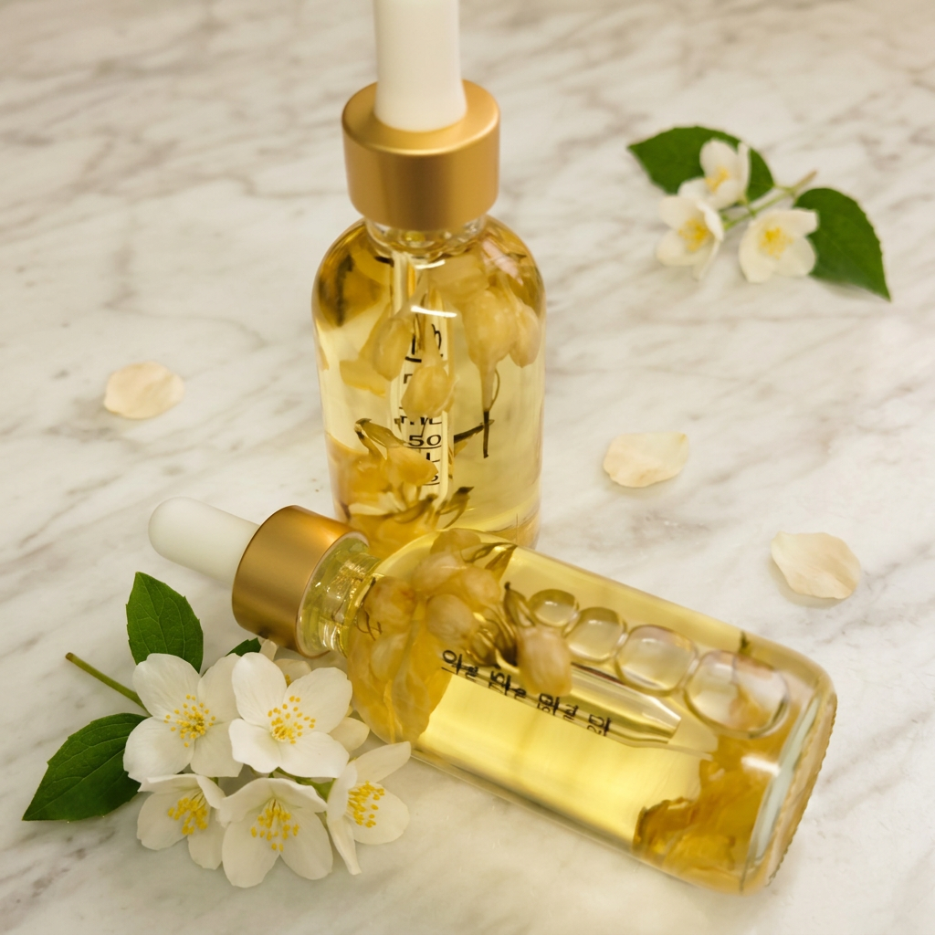 Two golden body oil dropper bottles on ivory marble with white blossoms, green leaves and cream petals.