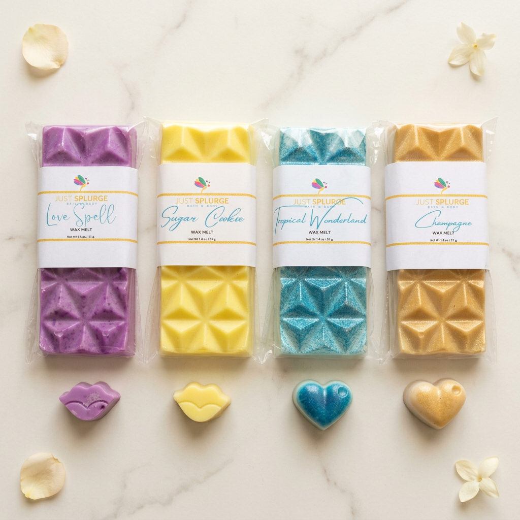 Purple, yellow, turquoise and gold wrapped wax melt bars with matching molded samples on ivory marble with cream petals.