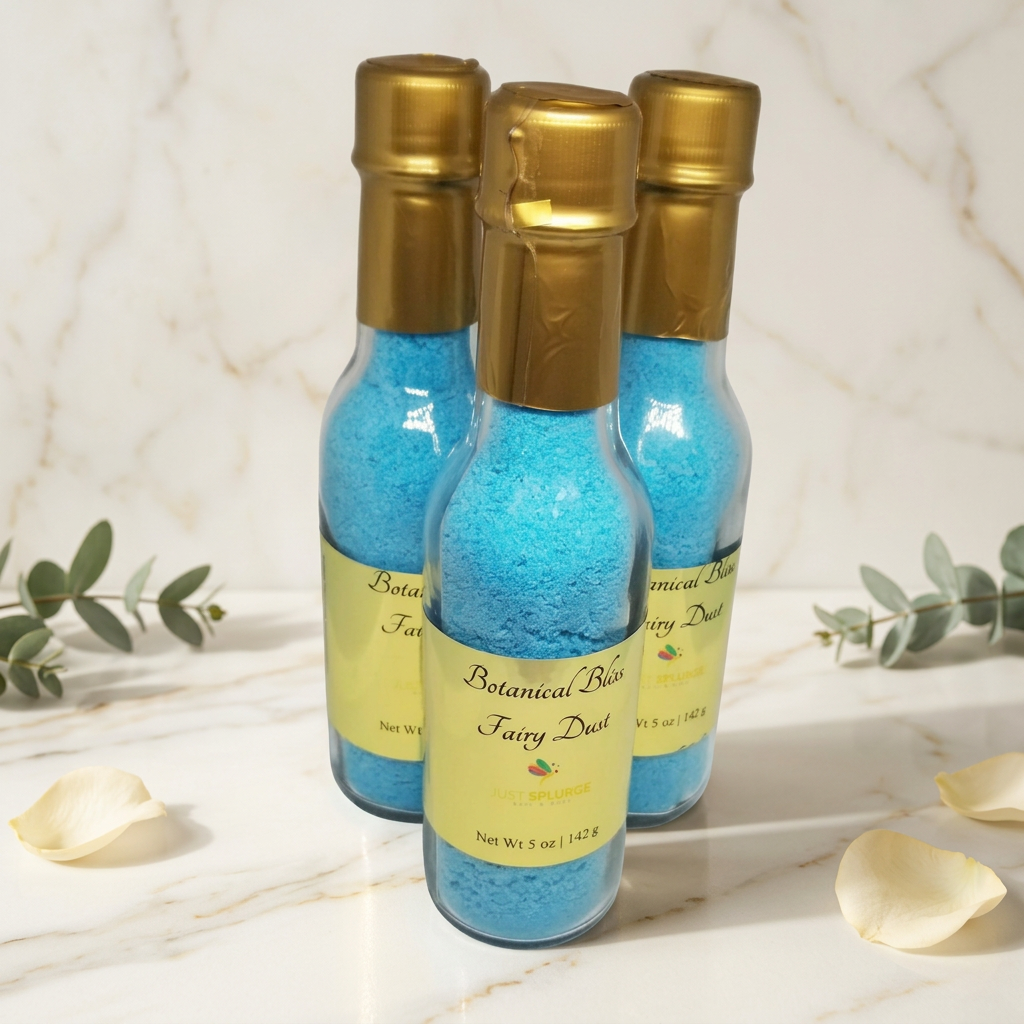 Three clear bottles of turquoise Botanical Bliss Fairy Dust with gold caps and yellow labels on ivory marble with cream petals and greenery.