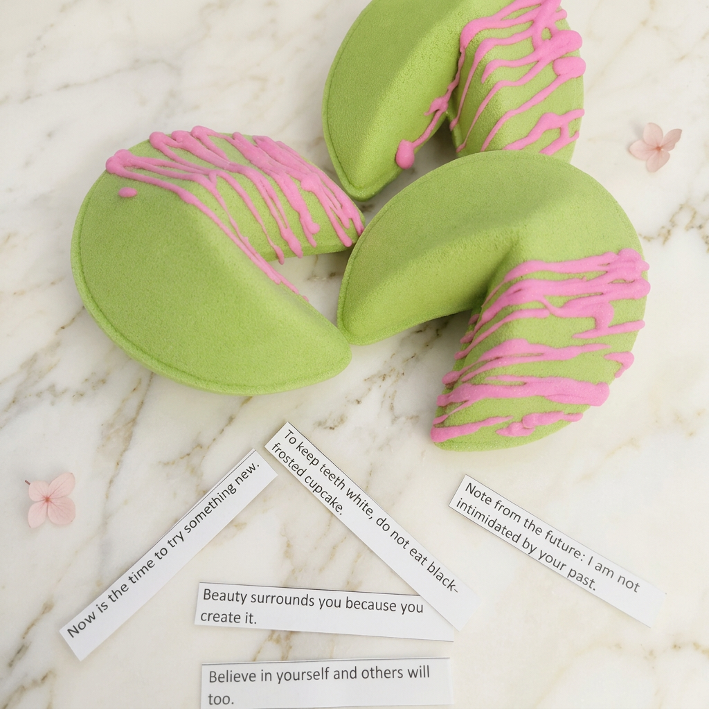 Three green fortune-cookie-shaped bath bombs with pink drizzle and paper fortunes on ivory marble with blush accents.