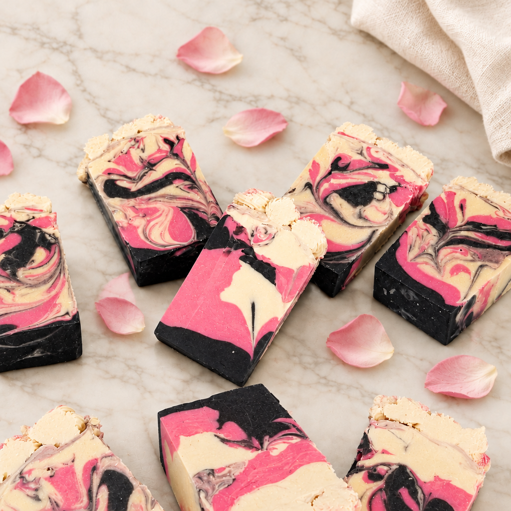 Pink, cream, and black Hello Sally! soap bars on warm marble with blush rose petals and ivory linen.